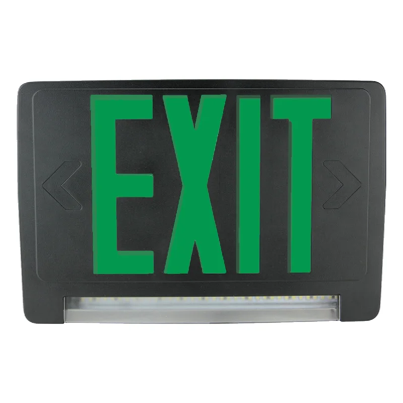 Durable Industrial Lighting for Harsh EnvironmentsLED Combo Exit Sign, Double Face with Green Letters, Black, Battery Included Durable Industrial Lighting for Harsh EnvironmentsLED Combo Exit Sign, Double Face with Green Letters, Black, Battery Included