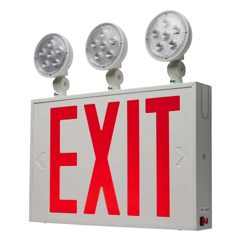 Industrial Wall - Mounted Lighting for Workshop WallsLED Combo Exit Sign, Dual Face with Red Letters, White, Battery Included, Tri Head Lights Industrial Wall - Mounted Lighting for Workshop WallsLED Combo Exit Sign, Dual Face with Red Letters, White, Battery Included, Tri Head Lights