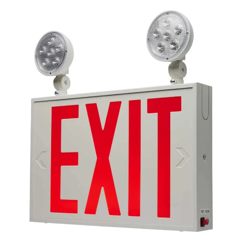 Industrial Lighting for Printing Press FacilitiesLED Combo Exit Sign, Dual Face with Red Letters, White, Battery Included, Double Head Lights Industrial Lighting for Printing Press FacilitiesLED Combo Exit Sign, Dual Face with Red Letters, White, Battery Included, Double Head Lights