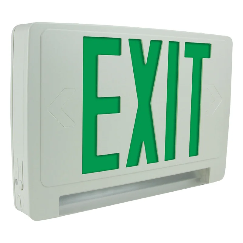 Industrial Lighting for Metal Fabrication ShopsLED Combo Exit Sign, Double Face with Green Letters, White, Battery Included Industrial Lighting for Metal Fabrication ShopsLED Combo Exit Sign, Double Face with Green Letters, White, Battery Included