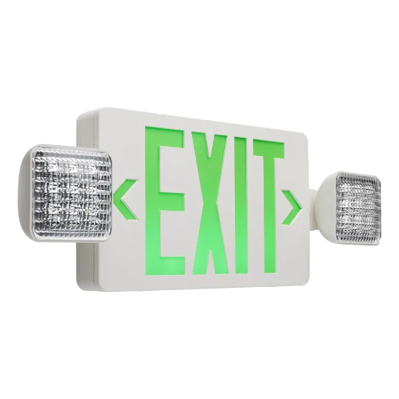 Dust - Resistant Industrial Lighting for Dirty WorkspacesLED Combo Exit Sign, 2 Single Face with Green Letters, White, Battery Included, Remote Capable Dust - Resistant Industrial Lighting for Dirty WorkspacesLED Combo Exit Sign, 2 Single Face with Green Letters, White, Battery Included, Remote Capable