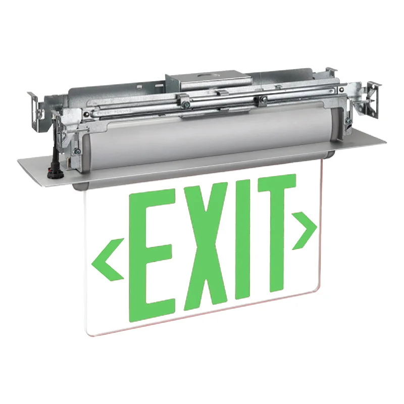 Industrial Lighting for Electronics ManufacturingEdge-Lit LED Exit Sign, Single Face Clear with Green Letters, Silver, Battery Included Industrial Lighting for Electronics ManufacturingEdge-Lit LED Exit Sign, Single Face Clear with Green Letters, Silver, Battery Included