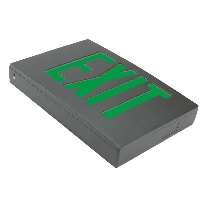 Dust - Resistant Industrial Lighting for Dirty WorkspacesLED Exit Sign, Double Face with Green Letters, Black, Battery Included Dust - Resistant Industrial Lighting for Dirty WorkspacesLED Exit Sign, Double Face with Green Letters, Black, Battery Included