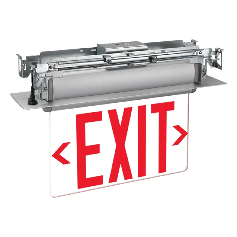 Dust - Resistant Industrial Lighting for Dirty WorkspacesEdge-Lit LED Exit Sign, Single Face Clear with Red Letters, Silver, Battery Included Dust - Resistant Industrial Lighting for Dirty WorkspacesEdge-Lit LED Exit Sign, Single Face Clear with Red Letters, Silver, Battery Included