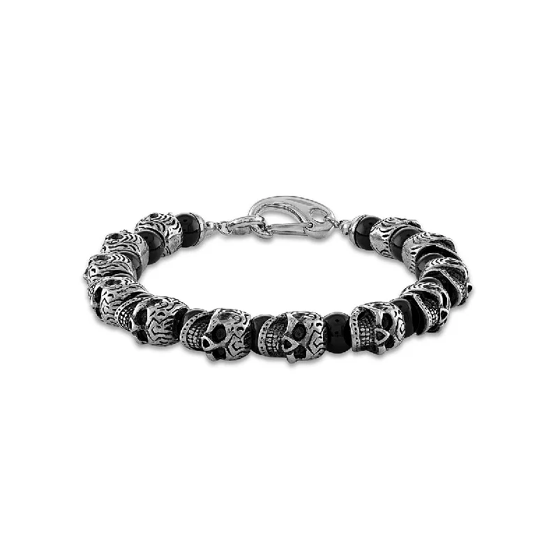 8MM Round Onyx Beaded Bracelet in Stainless Steel