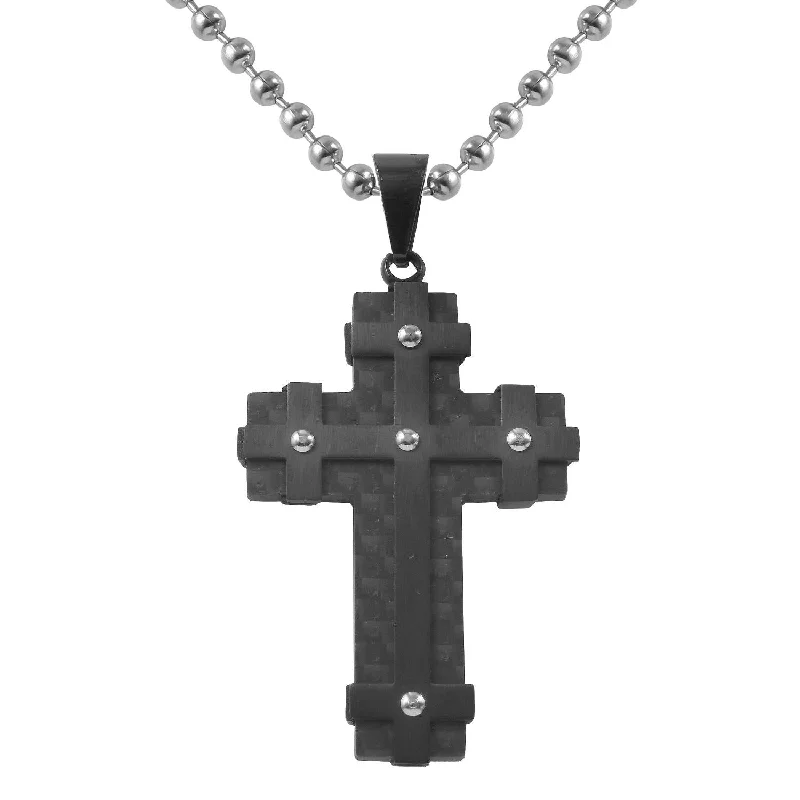 Black Stainless Steel 24-inch Cross with Carbon Fiber Inlay Pendant