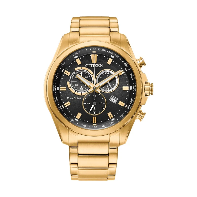 Citizen Chandler 43MM Black Chrono Dial and Goldtone Stainless Steel Watch. AT2132-53E