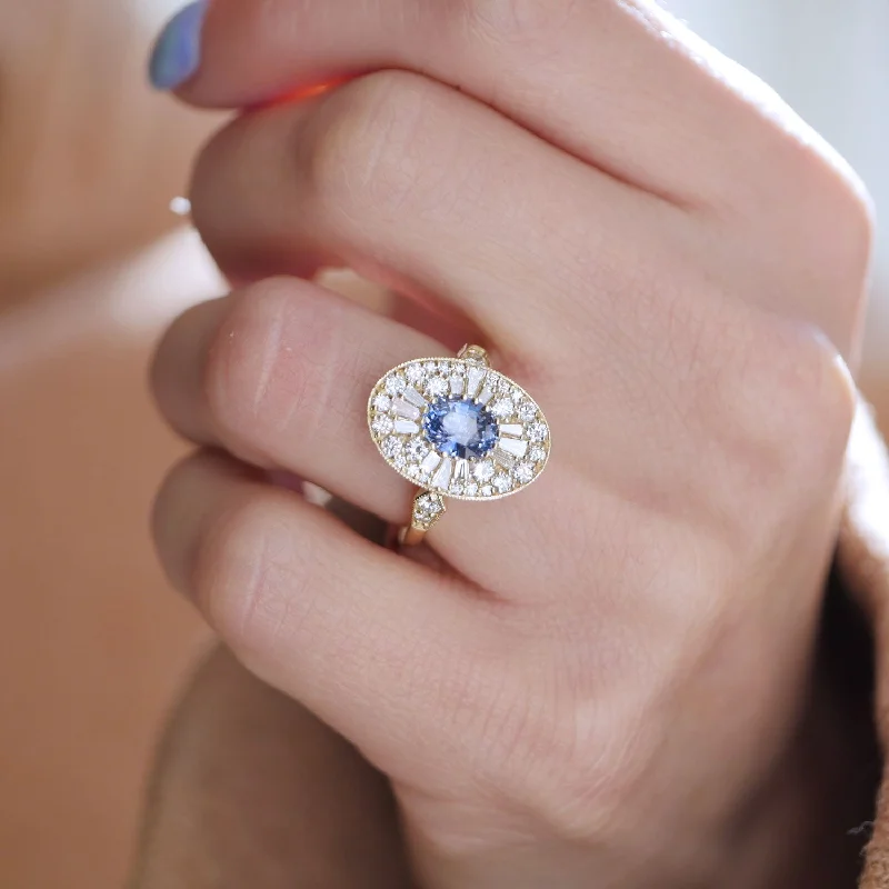 Cornflower Blue Sapphire Oval Ballerina Diamond Mosaic Ring