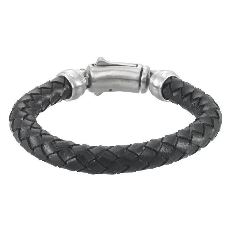 King by Simone I Smith Stainless Steel 9-inch 10MM Braided Leather Bracelet