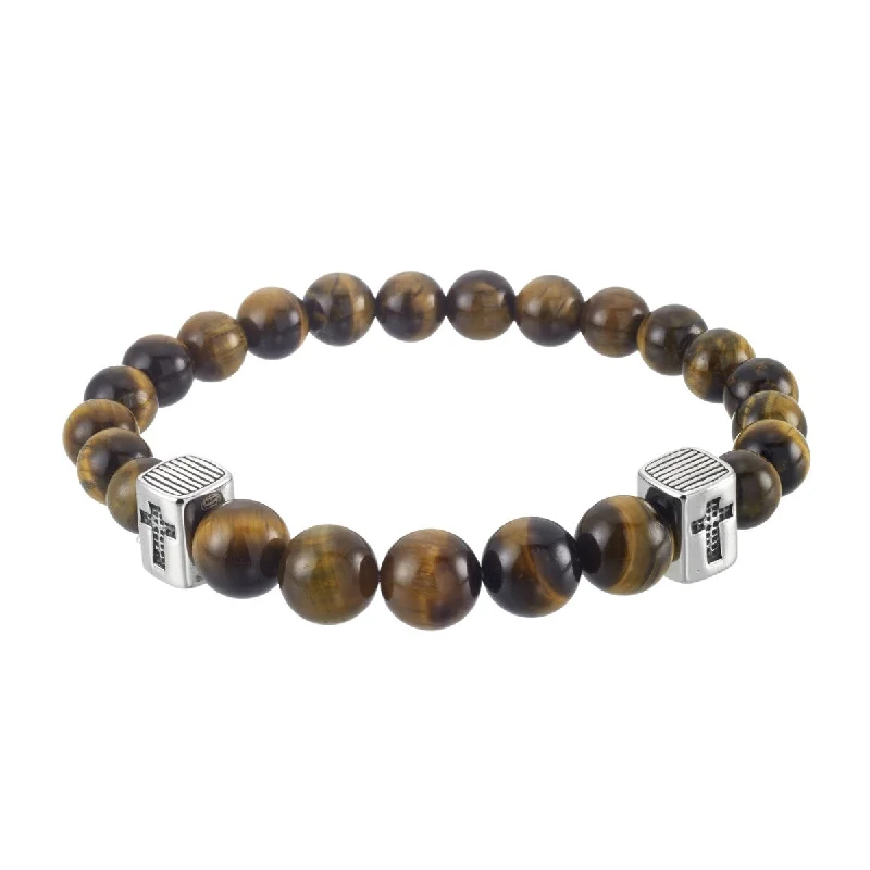 King by Simone I Smith Stainless Steel and Tiger Eye 8-inch Stretch Bead Cross Bracelet