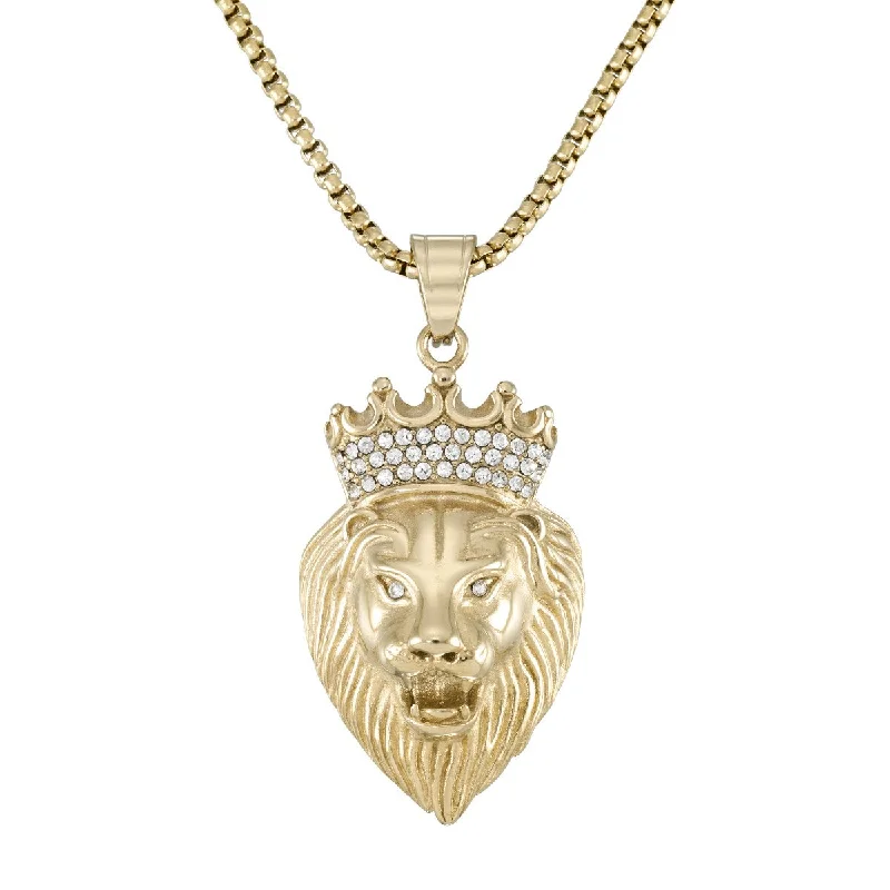 King by Simone I Smith Yellow Stainless Steel and Crystal 40X25MM 24-inch Lion With Crown Pendant