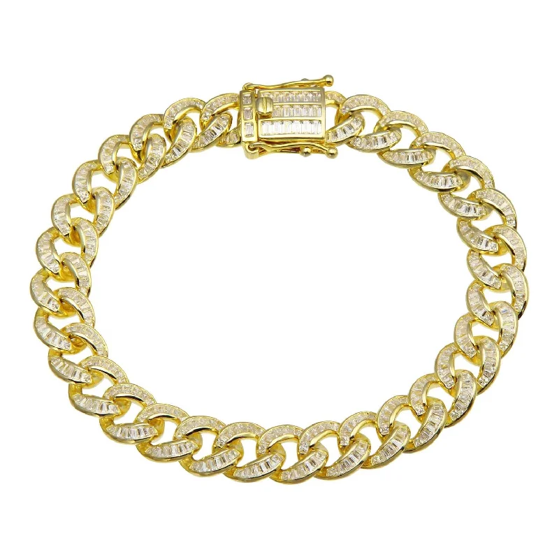 Luxe Layers 14KT Yellow Gold Plated Sterling Silver Baguette Cubic Zirconia 8.5-inch 10.3MM Curb Bracelet