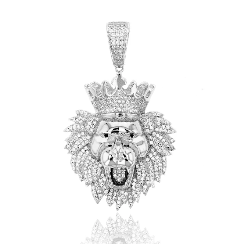 Luxe Layers Sterling Silver Cubic Zirconia 62X37MM Lion Head Pendant. Chain Not Included