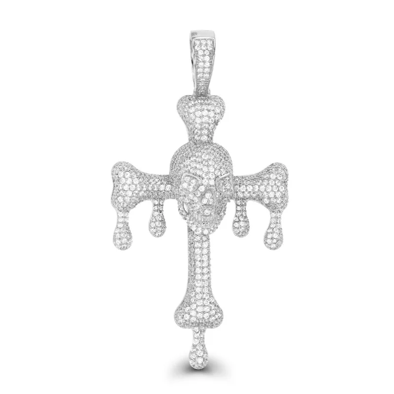 Luxe Layers Sterling Silver Cubic Zirconia 76X39MM Cross With Drips & Skull Pendant. Chain Not Included