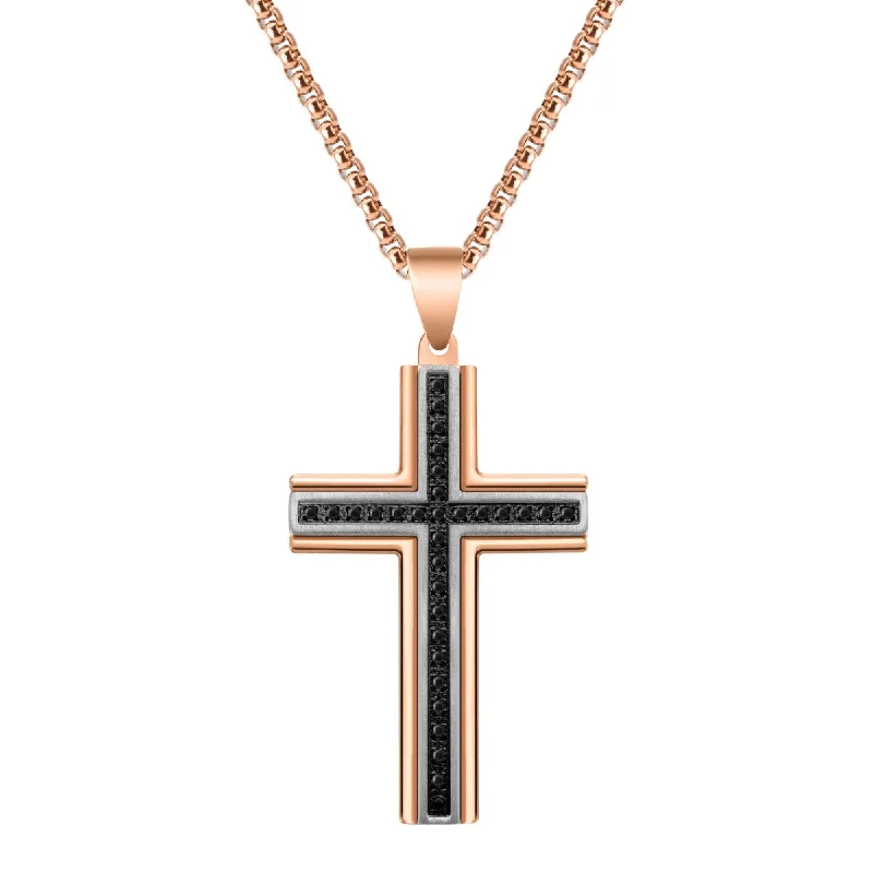 Titan by Adrian Gonzalez Two-Tone Stainless Steel 1/7 CTW Diamond 26X40MM 24-inch Cross Pendant