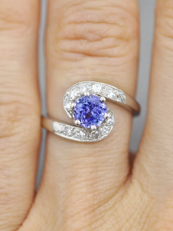 Antique Platinum Tanzanite + Diamond Swirl Ring