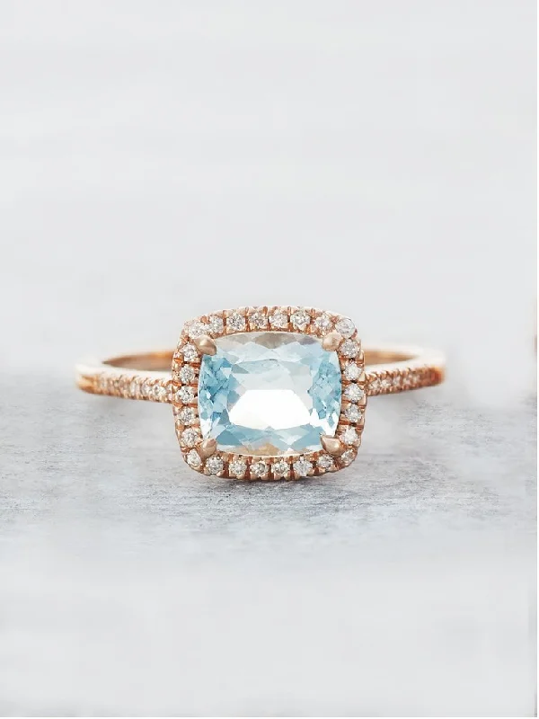 Aquamarine & Diamond Halo Ring