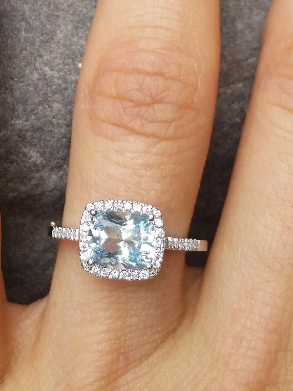 Aquamarine & Diamond Halo Ring