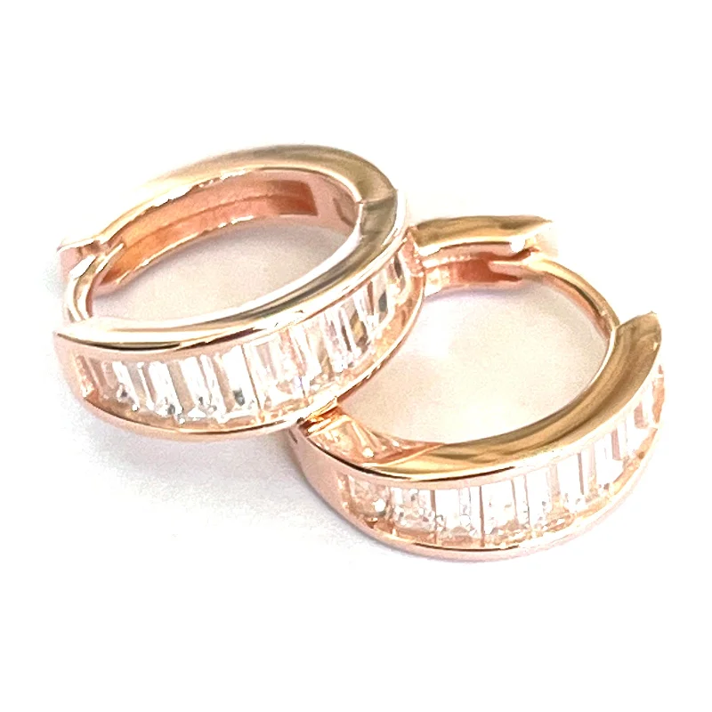 Circle silver earring with rectangle CZ & pink gold plating