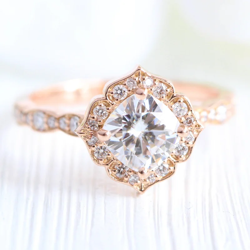 Moissanite and Diamond Ring in Mini Vintage Floral Ring