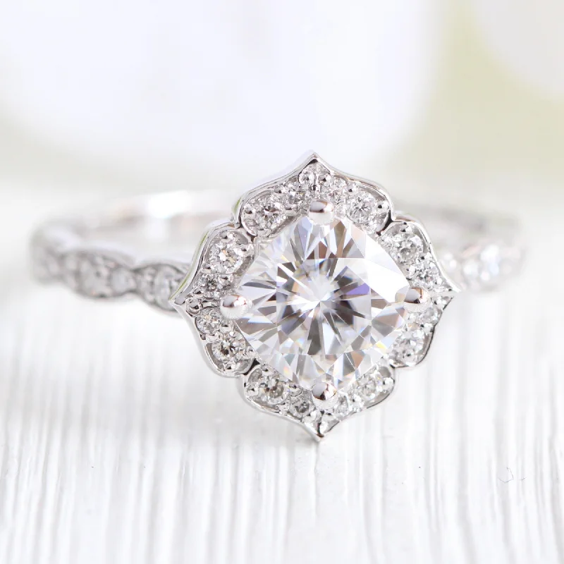 Moissanite and Diamond Ring in Mini Vintage Floral Ring