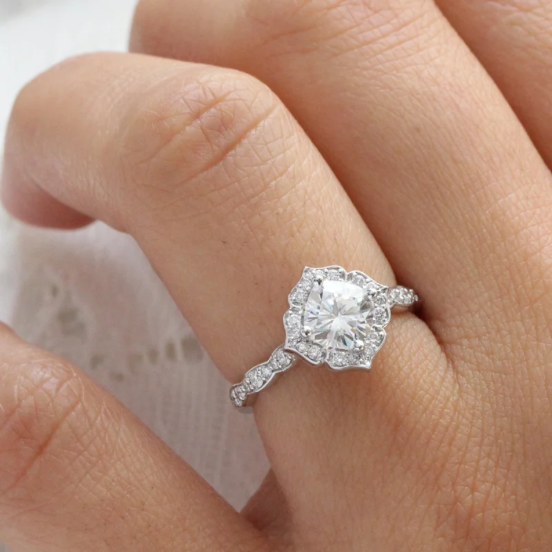 Moissanite and Diamond Ring in Mini Vintage Floral Ring