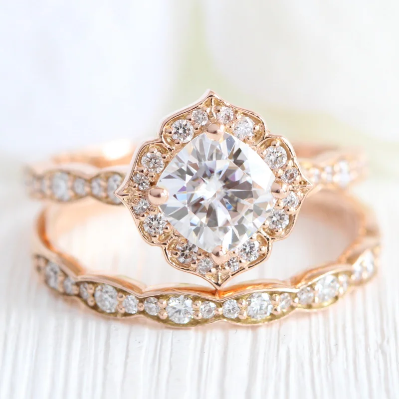 Moissanite and Diamond Ring in Mini Vintage Floral Ring