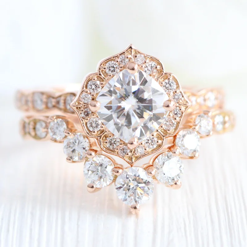 Moissanite and Diamond Ring in Mini Vintage Floral Ring