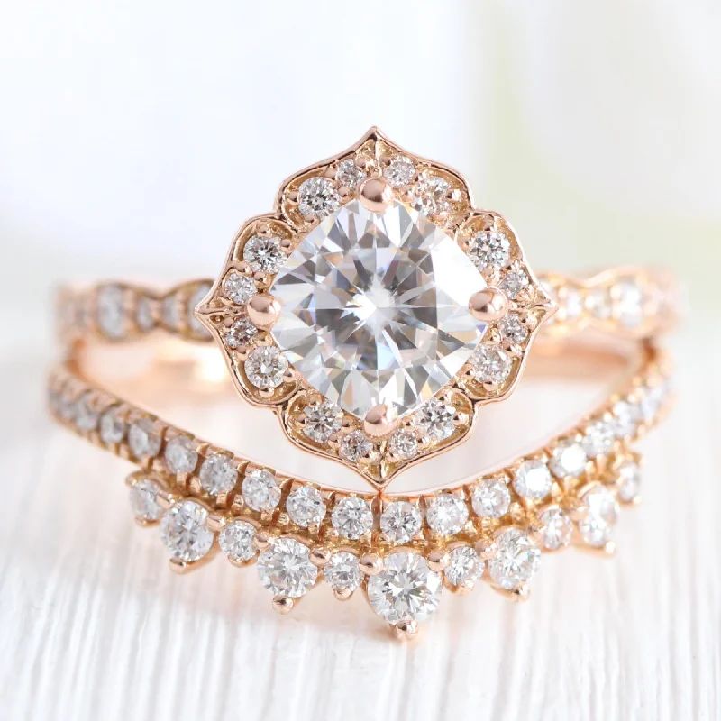 Moissanite and Diamond Ring in Mini Vintage Floral Ring