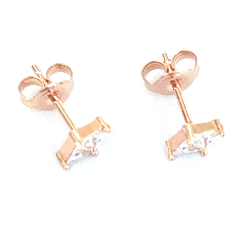 Diamond shape studs silver earring with white CZ & pink gold plating