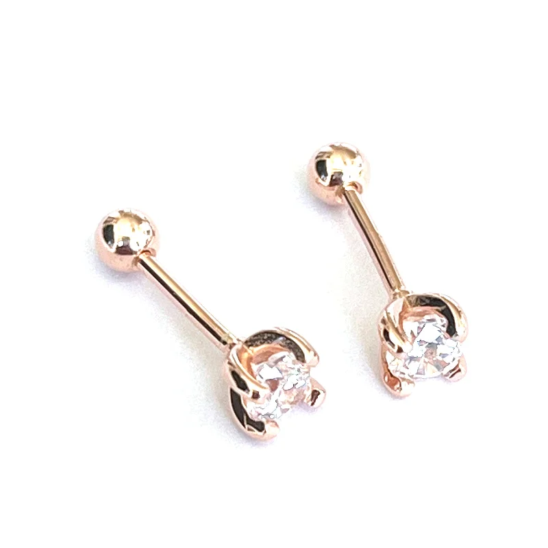 Four prongs silver earring with silver ball & CZ & pink gold plating