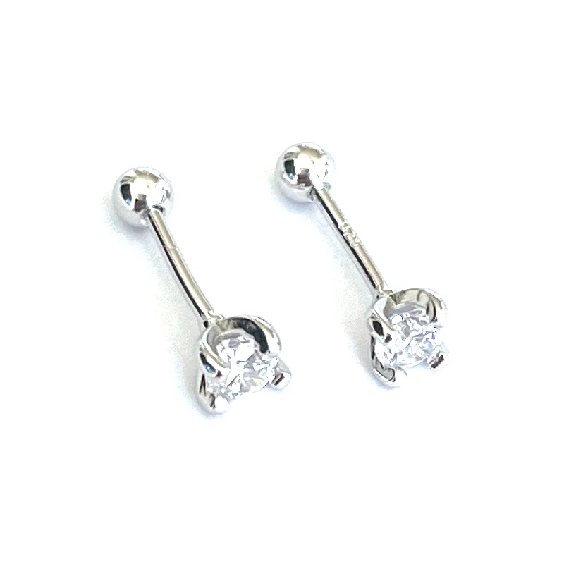 Four prongs silver earring with silver ball & CZ