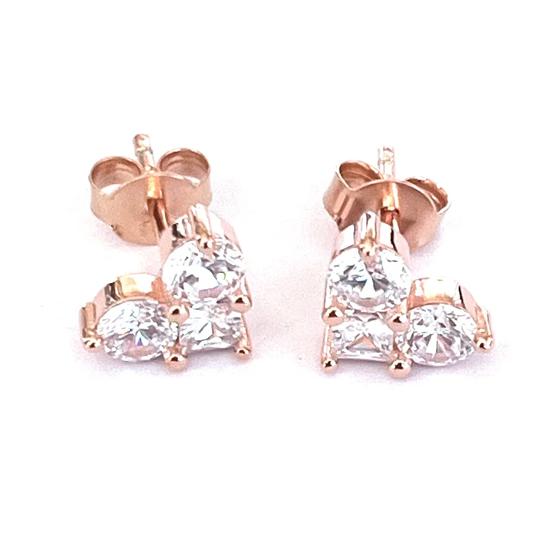 Heart studs silver earring with three white CZ & pink gold plating