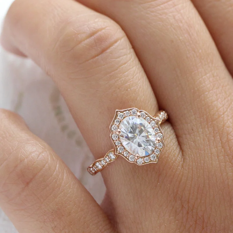 Large Oval Moissanite Engagement Ring w/ Diamonds in Vintage Floral Ring