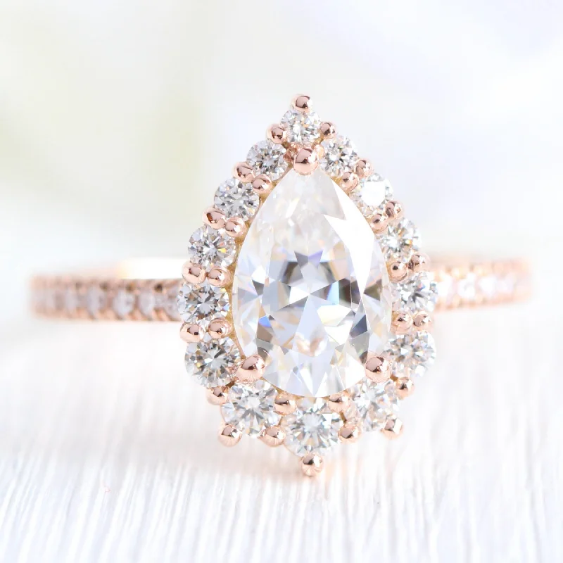 Large Pear Moissanite Engagement Ring in Tiara Halo Diamond Pave Band