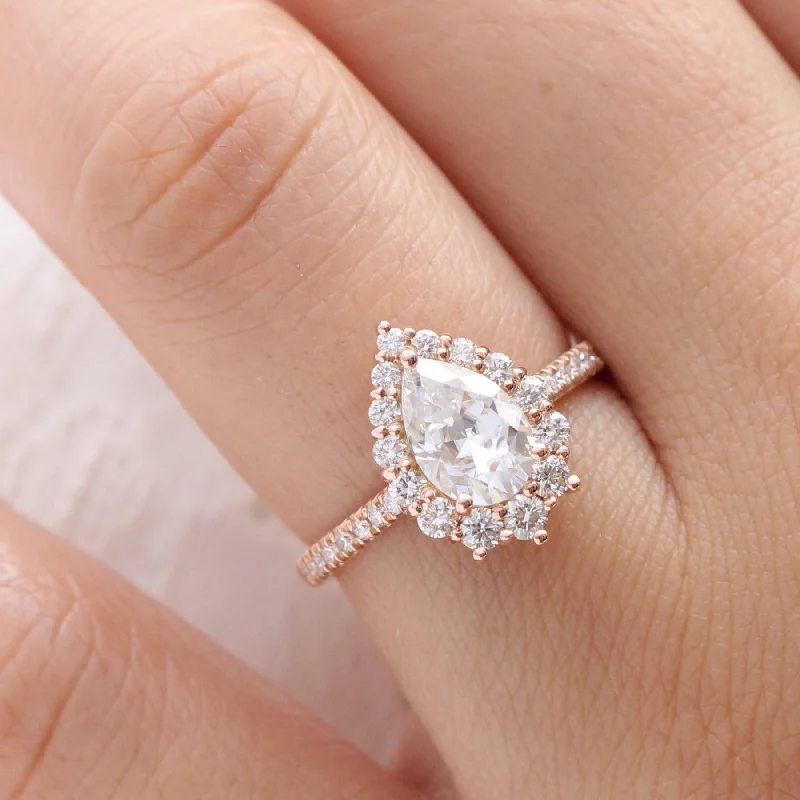 Large Pear Moissanite Engagement Ring in Tiara Halo Diamond Pave Band