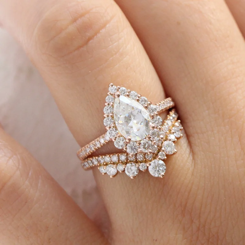 Large Pear Moissanite Engagement Ring in Tiara Halo Diamond Pave Band