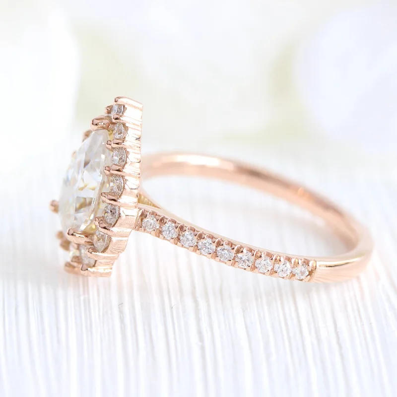 Large Pear Moissanite Engagement Ring in Tiara Halo Diamond Pave Band