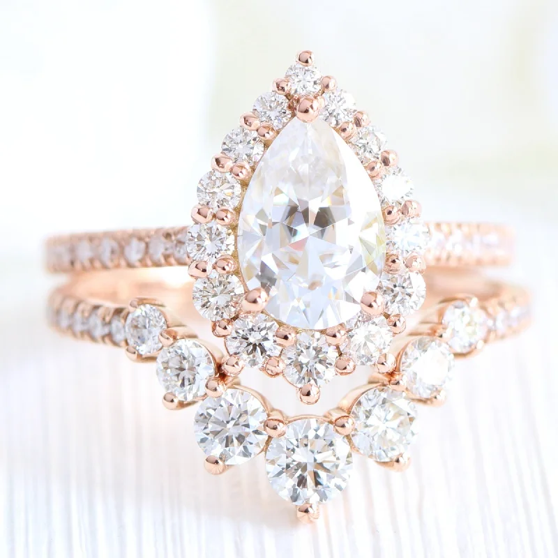 Large Pear Moissanite Engagement Ring in Tiara Halo Diamond Pave Band