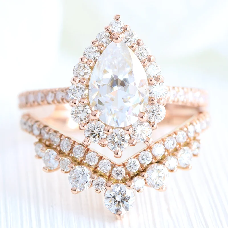 Large Pear Moissanite Engagement Ring in Tiara Halo Diamond Pave Band