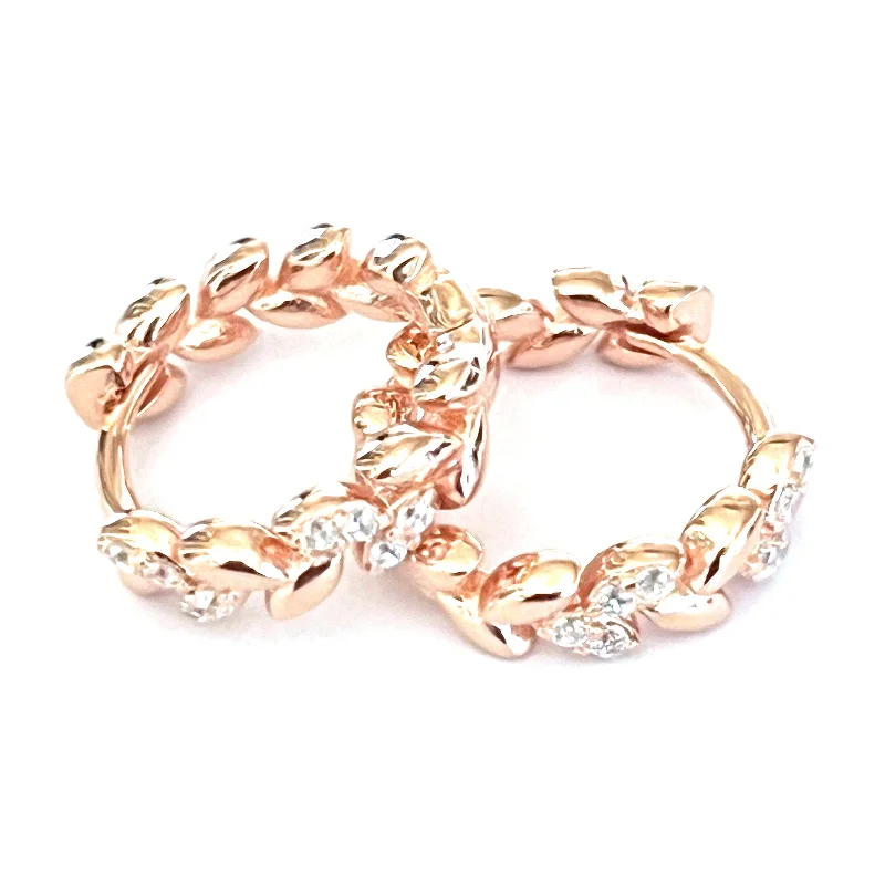 Leave circle silver earring with white CZ & pink gold plating