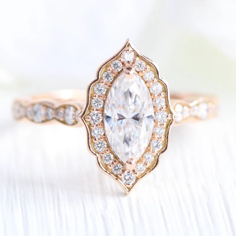 Marquise Moissanite Engagement Ring w/ Diamonds in Vintage Floral Ring