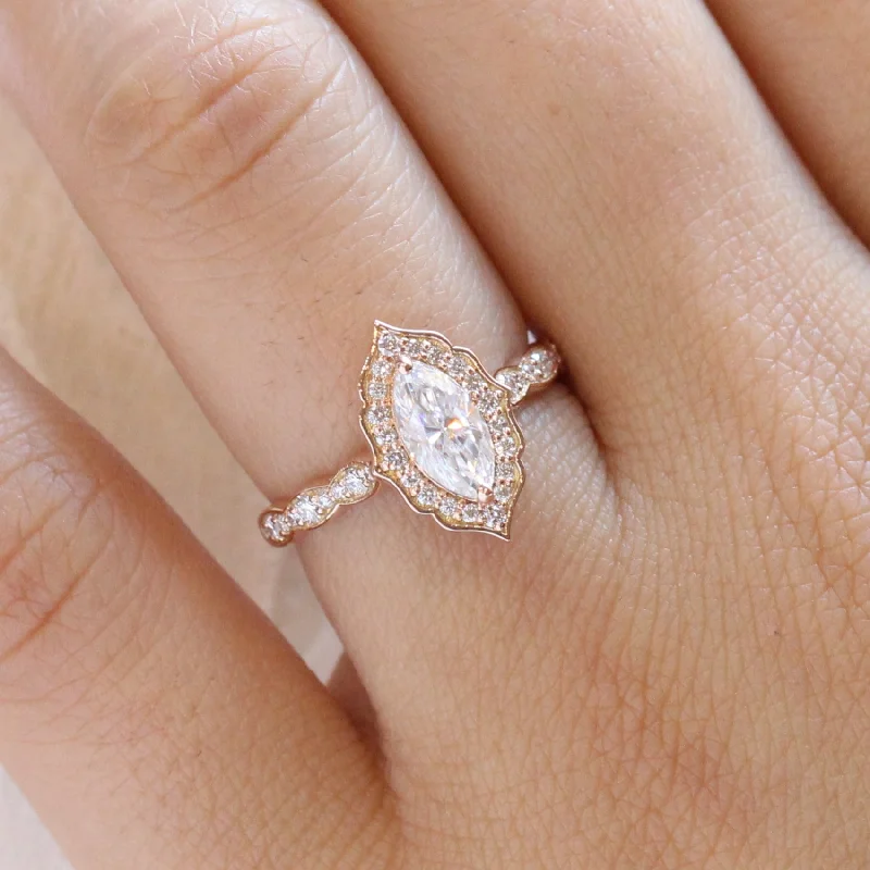 Marquise Moissanite Engagement Ring w/ Diamonds in Vintage Floral Ring