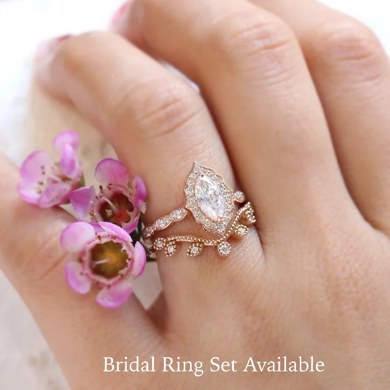 Marquise Moissanite Engagement Ring w/ Diamonds in Vintage Floral Ring