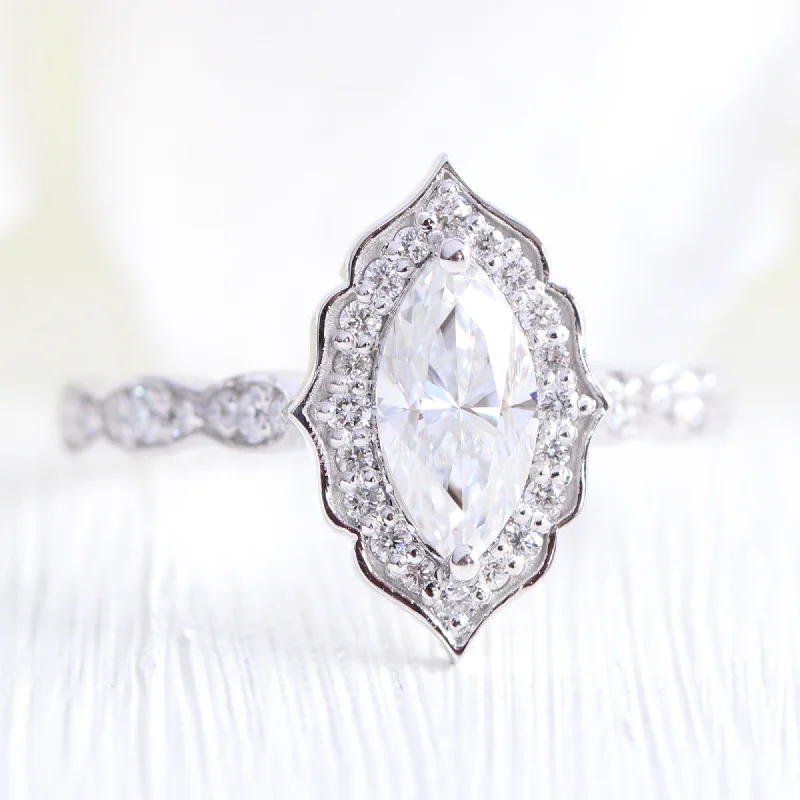 Marquise Moissanite Engagement Ring w/ Diamonds in Vintage Floral Ring