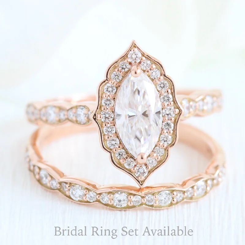 Marquise Moissanite Engagement Ring w/ Diamonds in Vintage Floral Ring