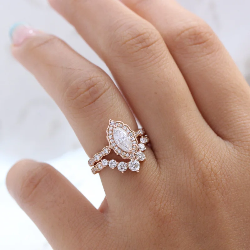 Marquise Moissanite Engagement Ring w/ Diamonds in Vintage Floral Ring