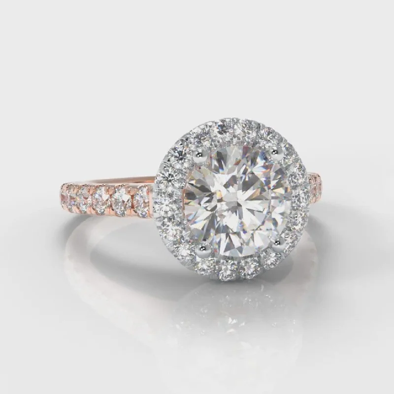 Micropavé Round Brilliant Cut Diamond Halo Engagement Ring - Two Tone Rose Gold