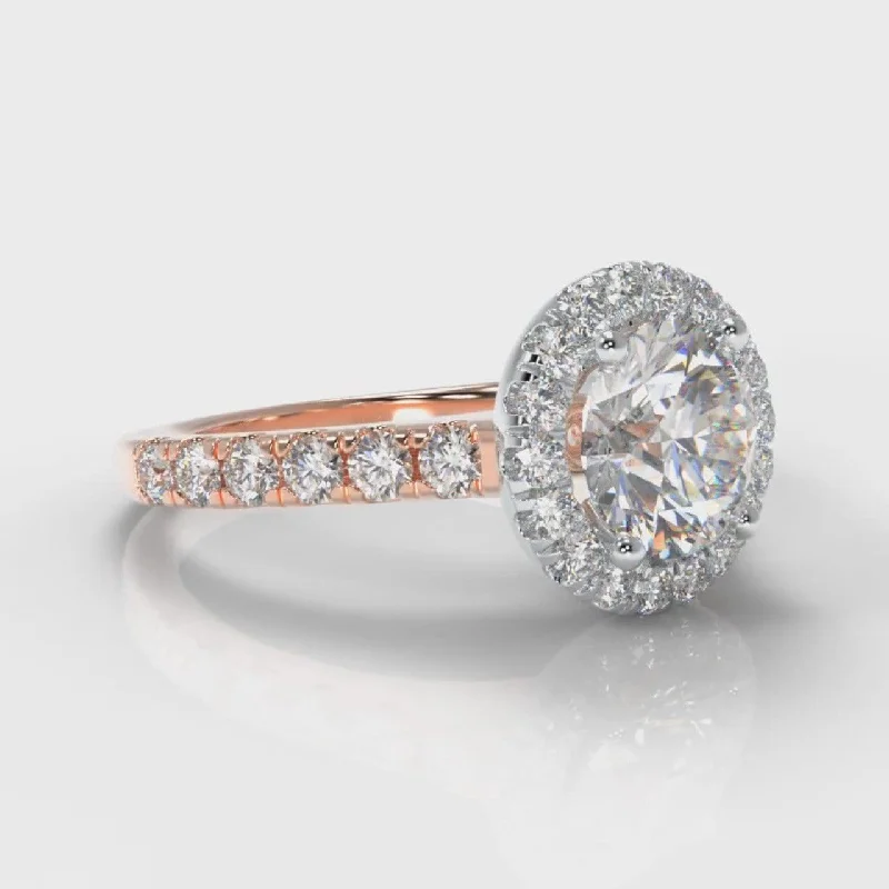 Micropavé Round Brilliant Cut Diamond Halo Engagement Ring - Two Tone Rose Gold