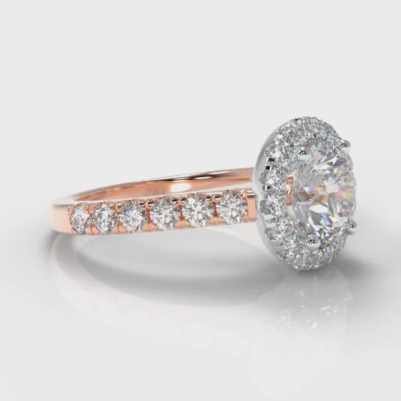 Micropavé Round Brilliant Cut Diamond Halo Engagement Ring - Two Tone Rose Gold